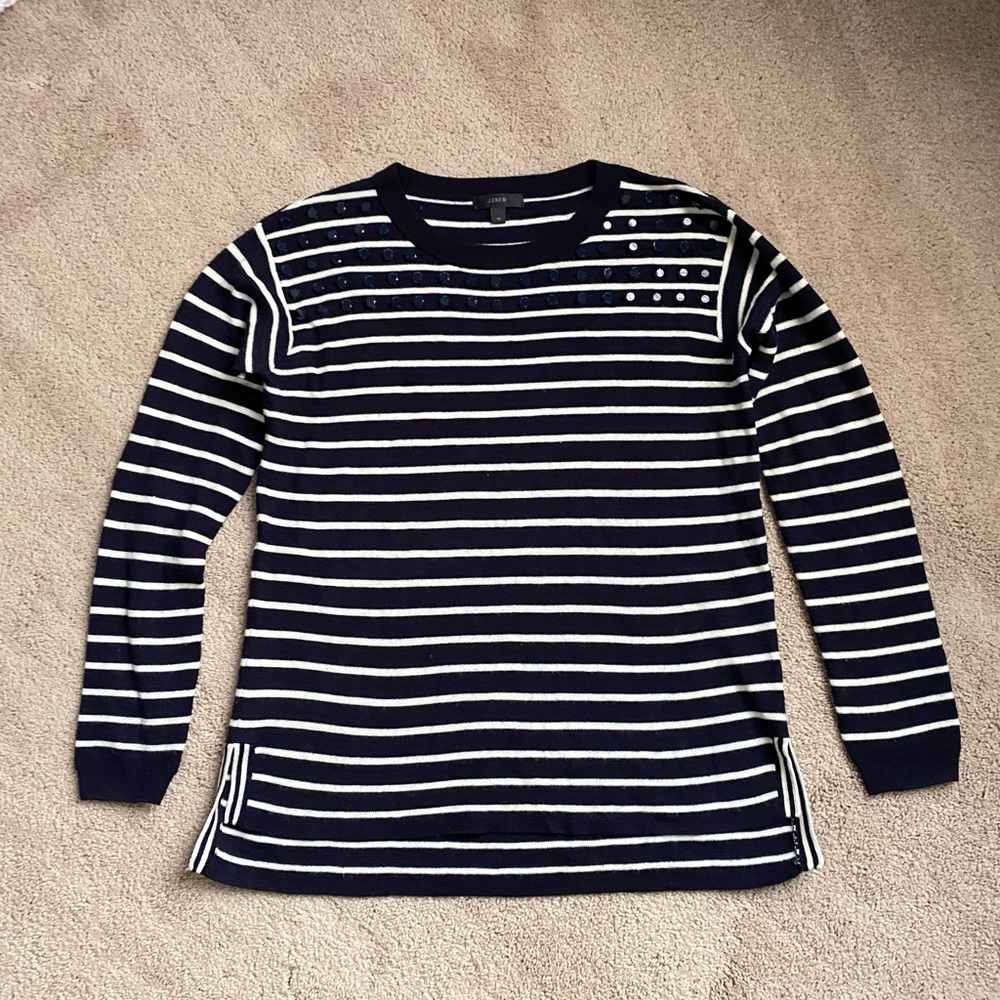 J.Crew Wool Blend Navy & White Striped Sweater with Jewel Decoration Size M